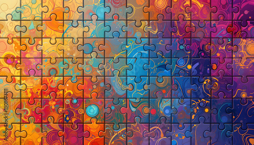 Vibrant Puzzle Composition with Curved Lines, Circles, and Gradients photo