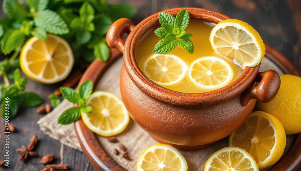 Refreshing lemon drink in clay pot with mint leaves and lemon slices Refreshing lemon drink in clay pot with mint leaves and lemon slices