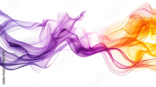 Abstract purple and yellow smoke waves on a white background, featuring soft flowing curves and an elegant artistic style.