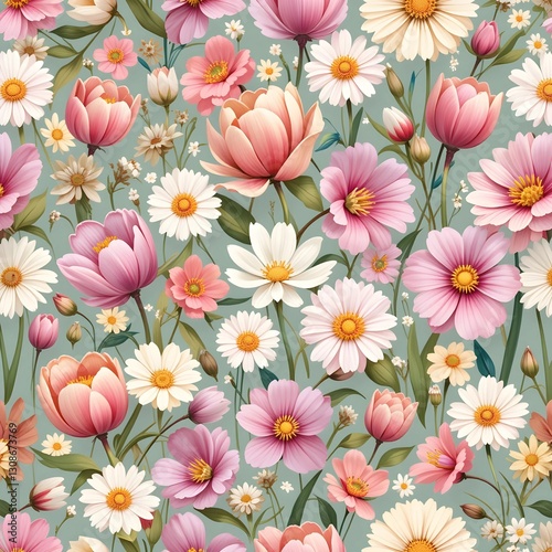 Patrón sin costuras de flores de primavera, flores de cerezo, margaritas y tulipanes, colores pastel, estilo acuarela suave, 4K