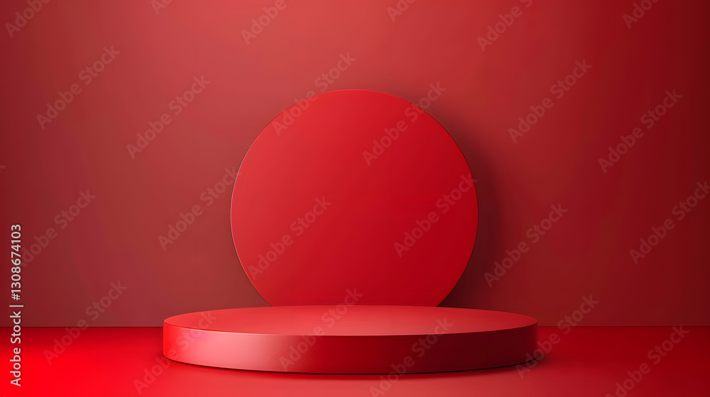 Abstract red background with an empty round podium for product display, featuring a modern and stylish composition. Abstract red background with an empty round podium for product display, featuring a modern and stylish composition.