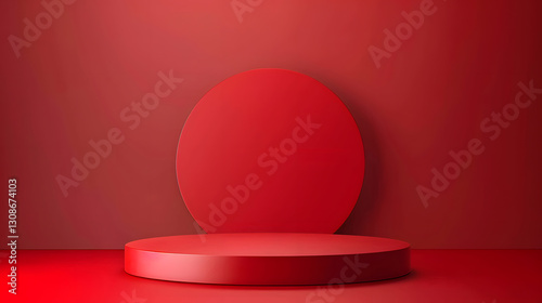 Abstract red background with an empty round podium for product display, featuring a modern and stylish composition.