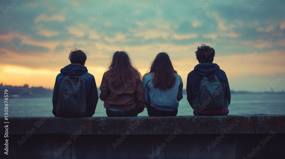 Naklejka premium Group of young adults watching sunset by the ocean