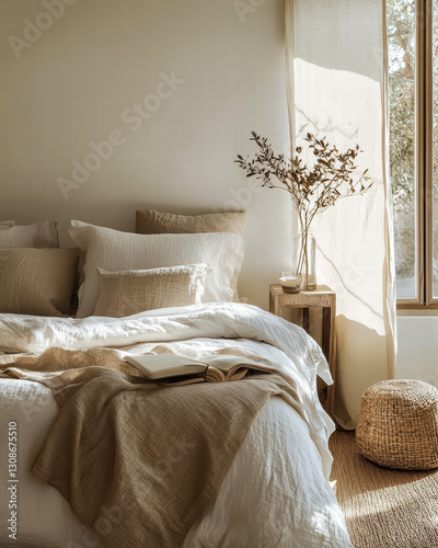 Calm Bedroom Interior: A serene bedroom scene features a cozy bed with linen bedding in neutral earth tones, sunlight streaming through a window.
