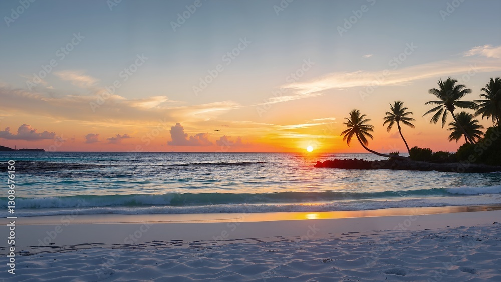 Tropical beach sunset with golden sun reflecting on the ocean. Palm trees silhouette against the colorful sky. Waves gently lap the white sand