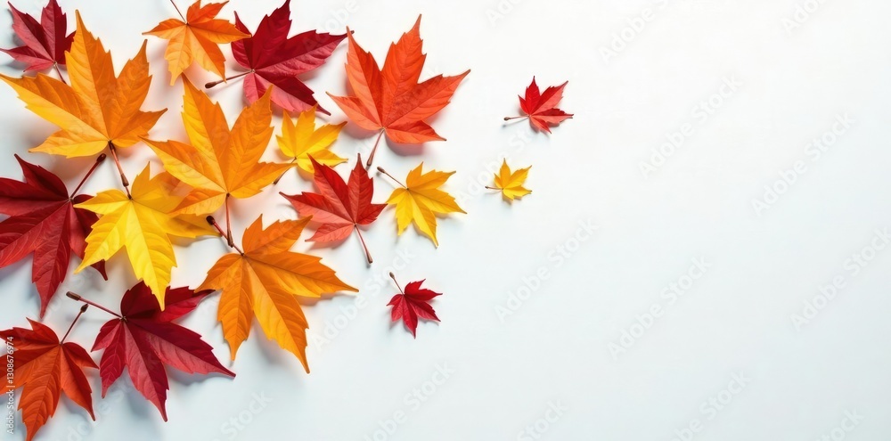 Sprinkle of colorful fall leaves on a clean white surface with subtle texture, botanical, foliage, colorful Sprinkle of colorful fall leaves on a clean white surface with subtle texture, botanical, foliage, colorful