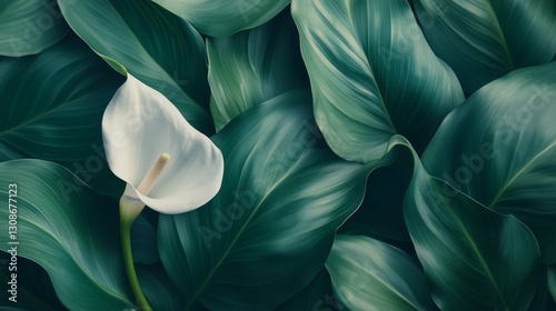 Elegant white Calla lily nestled among lush green leaves. AI generated