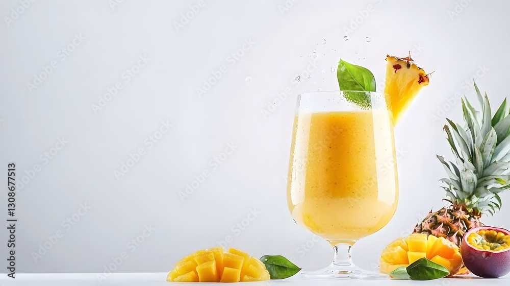 Fototapeta premium Refreshing tropical drink splashing in glass bright studio high-quality poster modern design vibrant colors