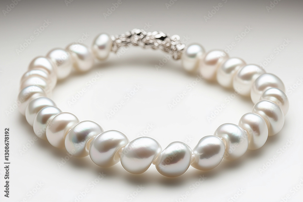 a bracelet with pearls on a white background with reflections on the ground and a reflection of the beads on the table a bracelet with pearls on a white background with reflections on the ground and a reflection of the beads on the table