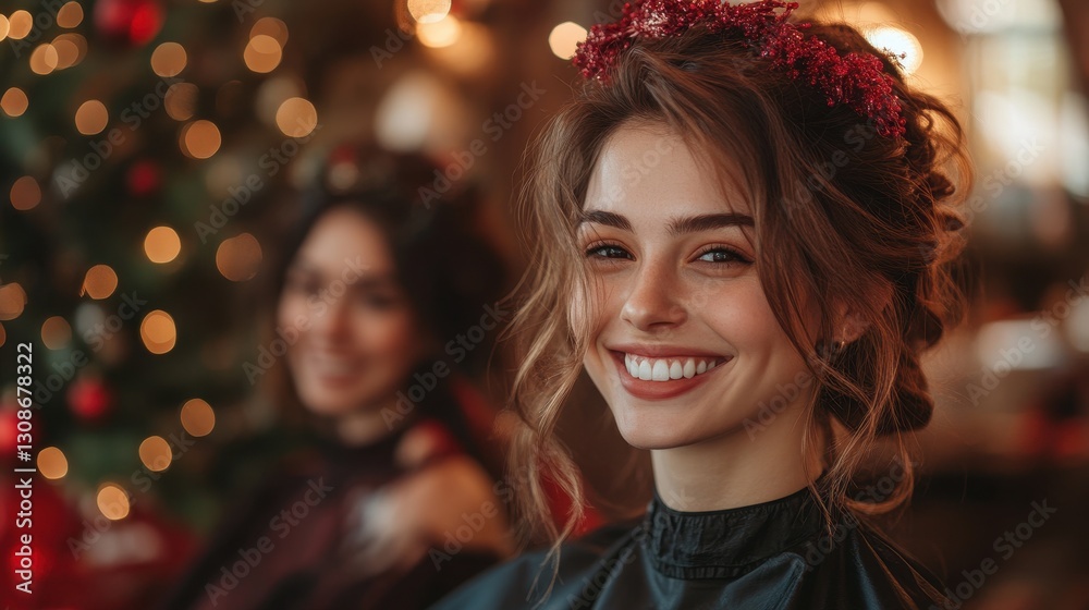Smiling young caucasian woman at festive event with christmas lights and decorations Smiling young caucasian woman at festive event with christmas lights and decorations