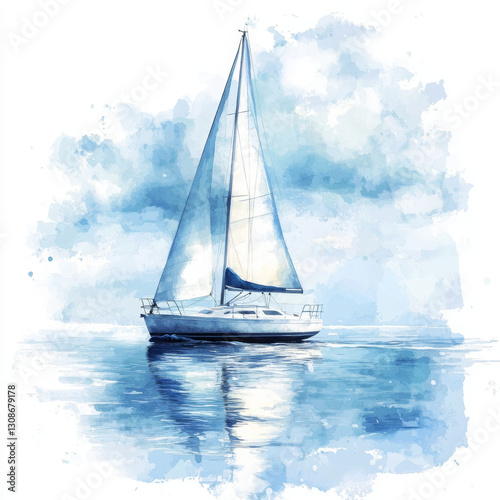 Watercolor painting of sailboat cruising on calm sea, serene