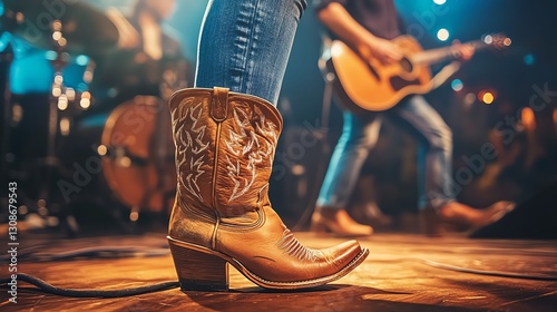 A close-up of a cowboy boot on stage, with a guitarist in the background, capturing the essence of a lively country music performance.