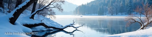 Twisted and gnarled branches on a frozen lake, isolated, ice