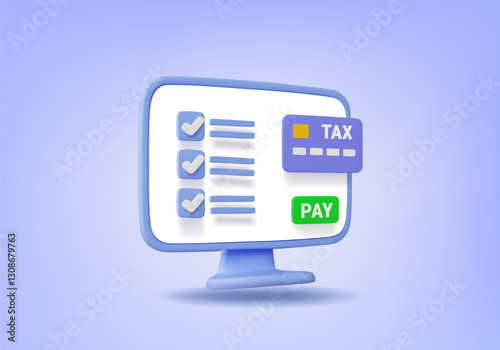 3D vector render illustration of a computer screen with checklist, tax card and payment button, conveying the concept of online tax payment, digital transaction and automated tax management.
