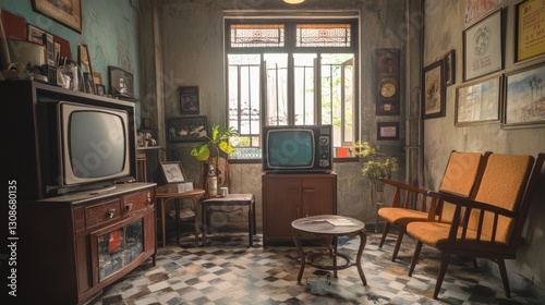 A vintage-style room in Sekinchan, Malaysia (February 25, 2025).  Ah Ma's House features old furniture, a retro TV, and nostalgic decorations.
