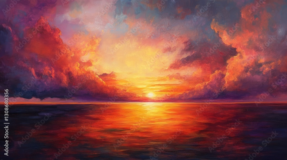 Obraz premium A vibrant sunset over a vast ocean horizon, with dramatic clouds painted in fiery hues of orange, pink, and purple reflecting on the calm water