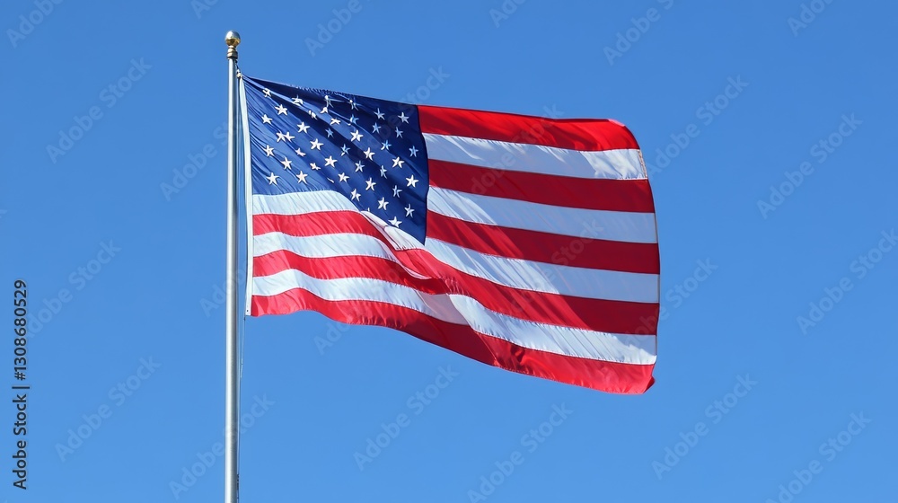 Fototapeta premium An American flag flies proudly against a clear blue sky. 