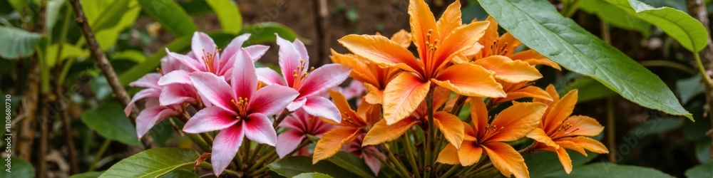 Two flowers, one pink and one orange, are growing in a garden Two flowers, one pink and one orange, are growing in a garden