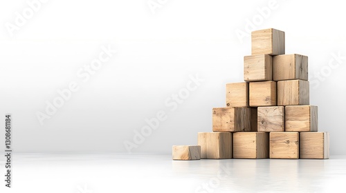 A circular economy, where resources are cherished and waste transformed, is symbolized by wooden cubes, representing manufacturing, on a sleek grey background, emphasizing sustainability and 
