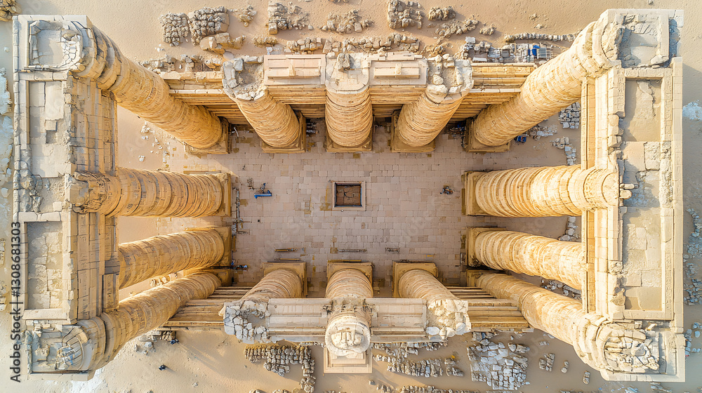 Ancient Temple Ruins: Capturing a stunning overhead perspective of an ancient temple with towering columns, offering a glimpse into the grandeur of past civilizations, nestled amid a dry.