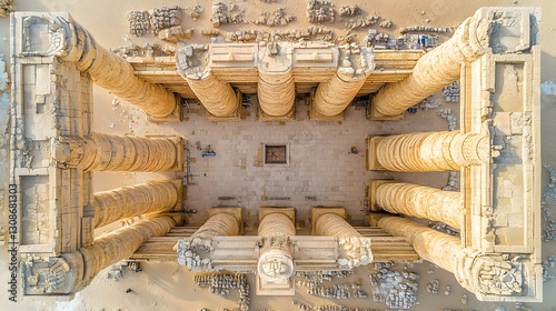 Obraz na płótnie Ancient Temple Ruins: Capturing a stunning overhead perspective of an ancient temple with towering columns, offering a glimpse into the grandeur of past civilizations, nestled amid a dry. w salonie