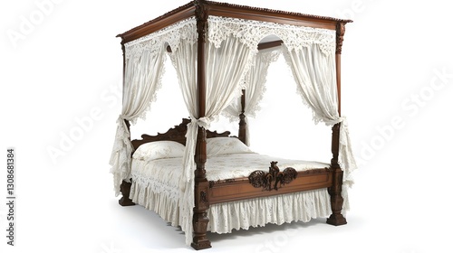 Opulent Canopy Bed: A majestic antique canopy bed, exquisitely crafted from dark wood and adorned with delicate, flowing curtains. The luxurious bed evokes a sense of timeless elegance and comfort.