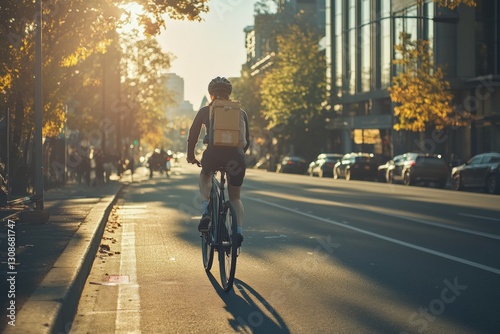 Fototapeta Naklejka Na Ścianę i Meble -  Bicycle courier rides on dedicated lane in a busy urban area during sunset Generative AI