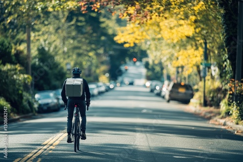 Wallpaper Mural Bicycle courier navigating a city street in autumn light Generative AI Torontodigital.ca