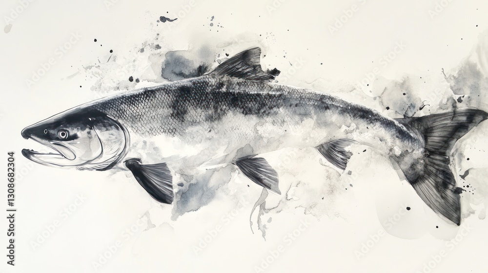 Obraz premium Monochromatic ink and watercolor illustration of a salmon, showcasing its form and texture against a background of abstract, blended gray tones.