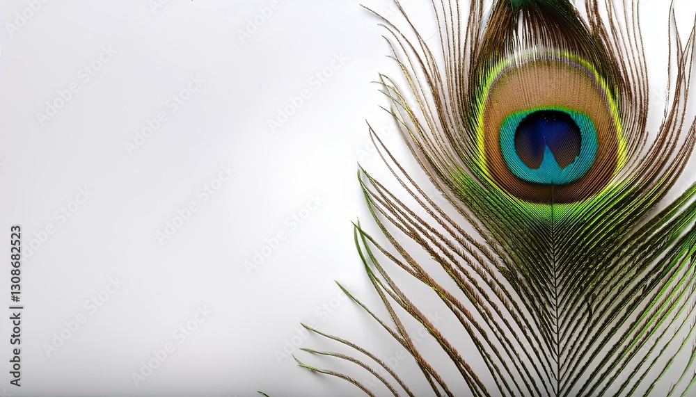 Fototapeta premium peacock feather on white background with copy space.