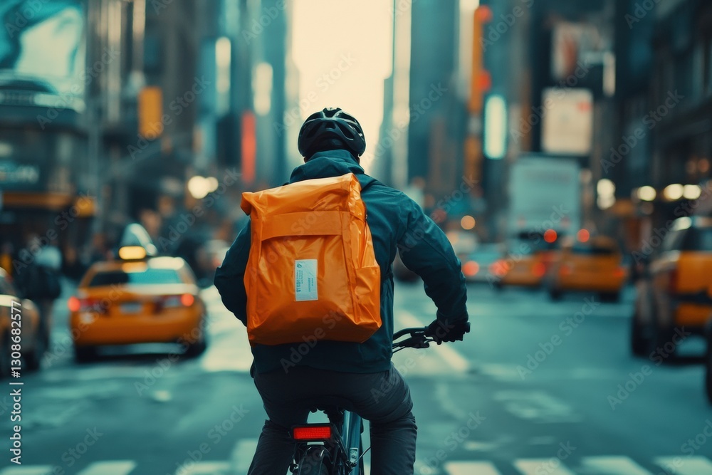 Fototapeta premium Bicycle courier delivers packages in a busy urban setting during day Generative AI