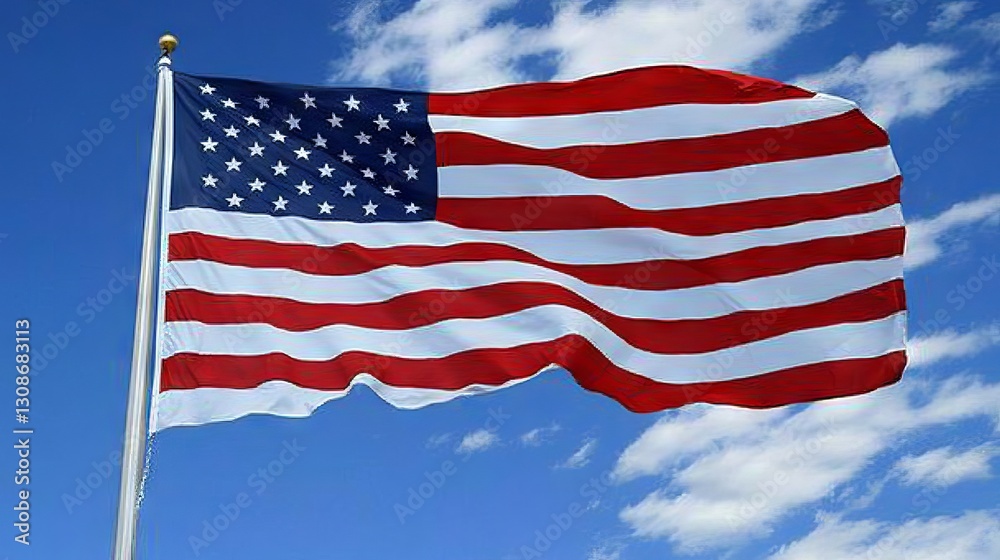 Fototapeta premium The American flag, a symbol of pride, waves beautifully against a blue sky on Memorial Day and the 4th of July. Red, white, and blue stars and stripes flutter in the breeze.