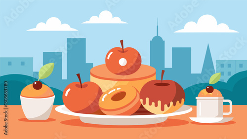 The scent of warm ed apple cider donuts entices visitors to indulge in the sweet treat made fresh by the local bakery.. Vector illustration