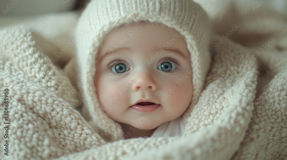 Caucasian baby with blue eyes wrapped in cozy knitted blanket and hat Caucasian baby with blue eyes wrapped in cozy knitted blanket and hat