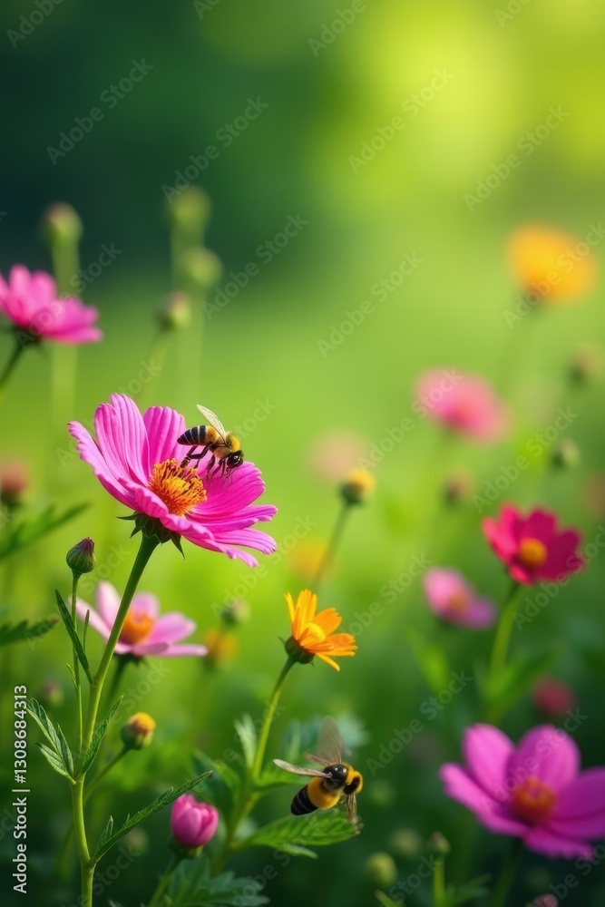 Vibrant wildflowers, buzzing bees, lush green grass, green, flowers Vibrant wildflowers, buzzing bees, lush green grass, green, flowers