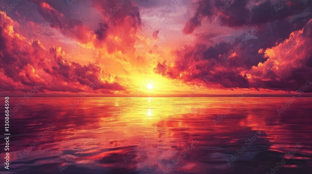 A fiery ocean sunset with dramatic clouds painted in orange and pink tones, reflecting beautifully on the water's surface A fiery ocean sunset with dramatic clouds painted in orange and pink tones, reflecting beautifully on the water's surface