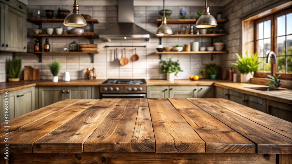 Fototapeta premium Rustic Kitchen Tabletop with Blurred Background of Farmhouse Style Cabinets and Cooking Area