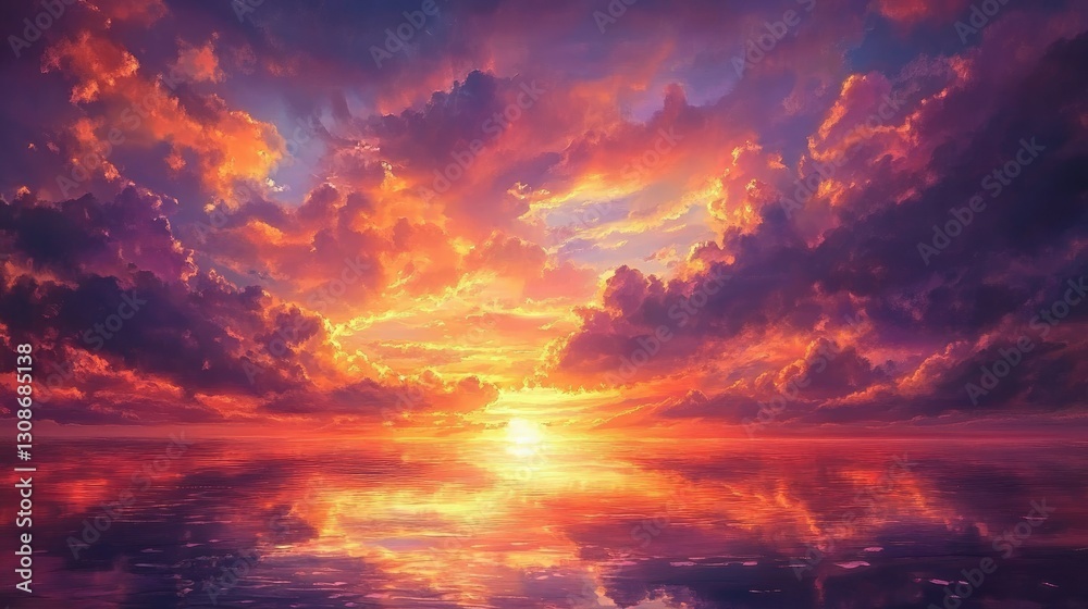 A mesmerizing sunset sky with dramatic clouds in vibrant tones of orange and purple, reflecting on the calm ocean waters below A mesmerizing sunset sky with dramatic clouds in vibrant tones of orange and purple, reflecting on the calm ocean waters below