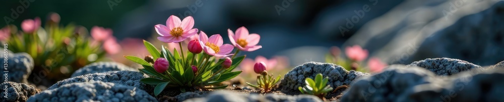 Fototapeta premium Delicate anemone flowers on a rocky outcropping, green, stems