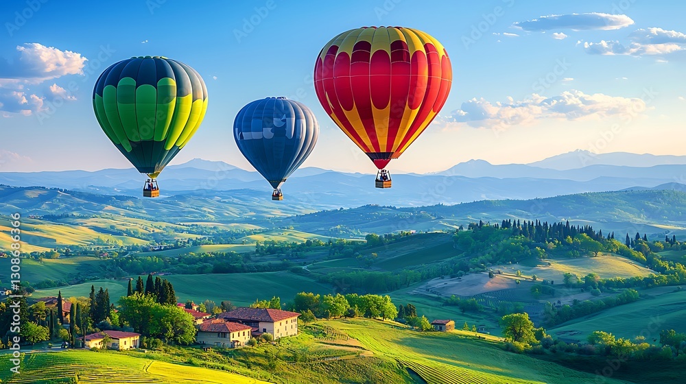 Naklejka premium Scenic Hot Air Balloon Ride over Tuscany s Rolling Hills and Farmland at Sunrise