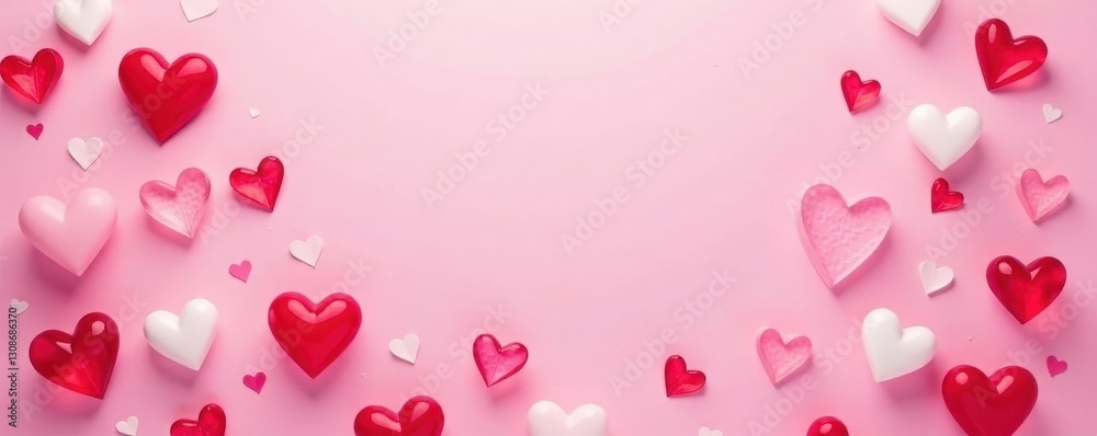 Scattered red, pink, & white hearts on soft pink backdrop, background image, print, design element Scattered red, pink, & white hearts on soft pink backdrop, background image, print, design element
