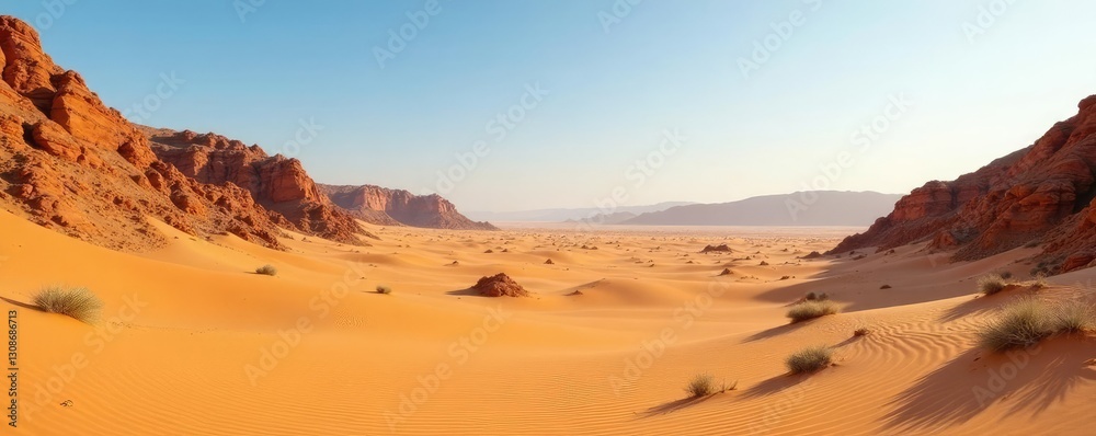 Desert landscape with sandy dunes and no trees, rugged, barren Desert landscape with sandy dunes and no trees, rugged, barren