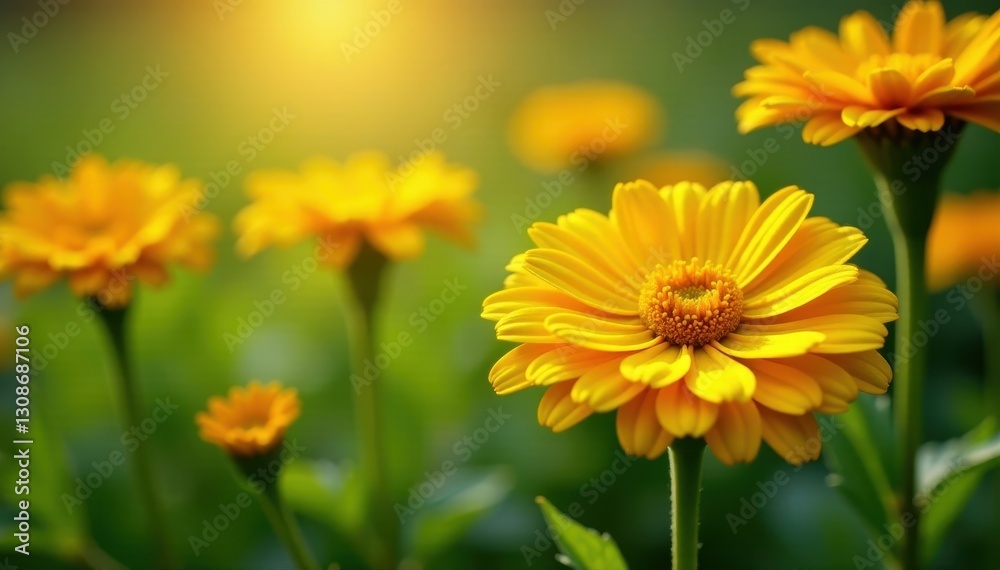 Sun-drenched calendula flowers, lush green foliage , closeup, details, green Sun-drenched calendula flowers, lush green foliage , closeup, details, green