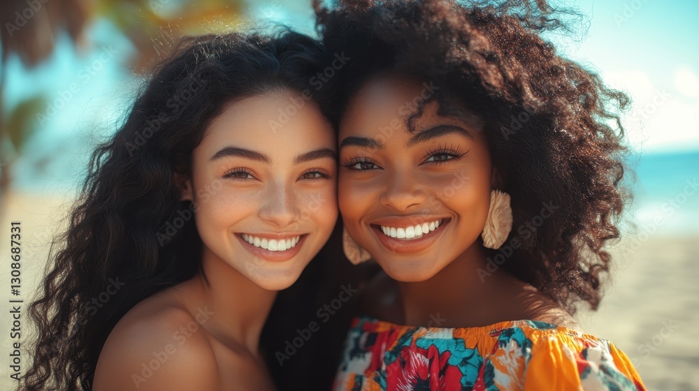 Fototapeta premium Smiling young hispanic and african females embracing on sunny beach