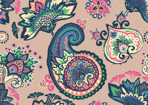 Seamless paisley pattern in Oriental style with floral and ethnic motifs for printed fabric, wallpaper, and packaging