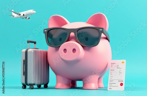 Vacation savings concept: piggy bank with sunglasses, airplane, luggage, and travel receipt