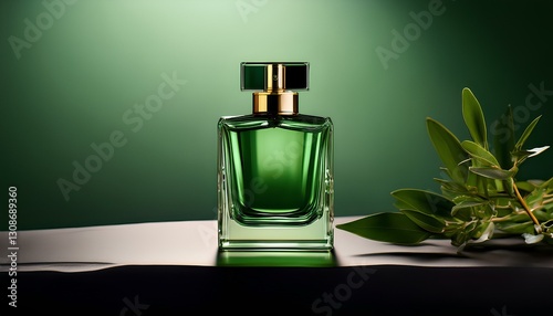 bottle of perfume on green background