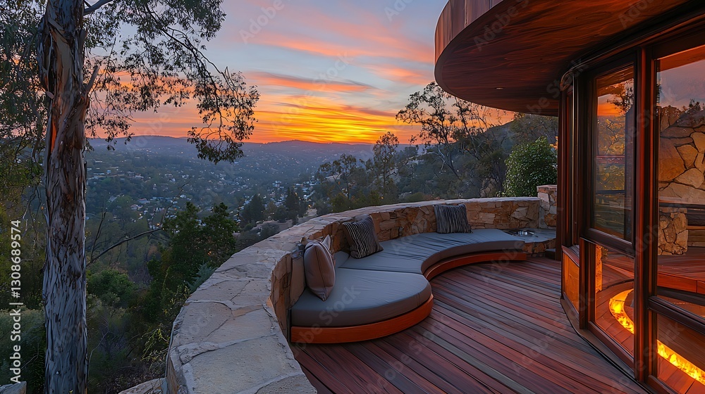 Fototapeta premium Stunning Sunset View from Modern Deck with Curved Stone Bench and Fire Pit