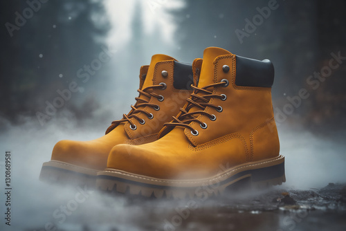 product photography of two yellow-brown men's leather work boots on a whit