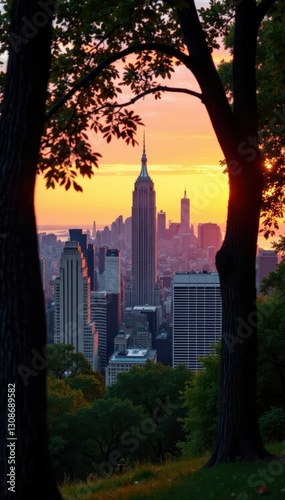 Gramercy Park trees frame Midtown Manhattan skyline at sunset, photography, Manhattan photo